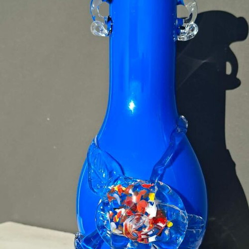 Blue Murano vase vintage like new, decorated with leaves and flowers