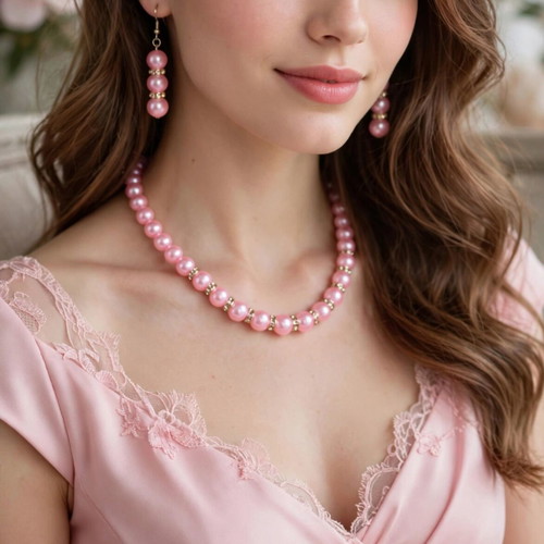 Handmade pink beaded necklace and earrings set new
