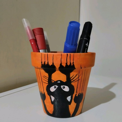 Clay pot with painted cat new, handmade