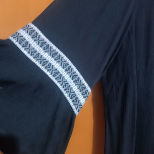 Boho black muslin shirt with front and sleeve design, like new