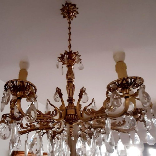 Chandelier, brass with crystals