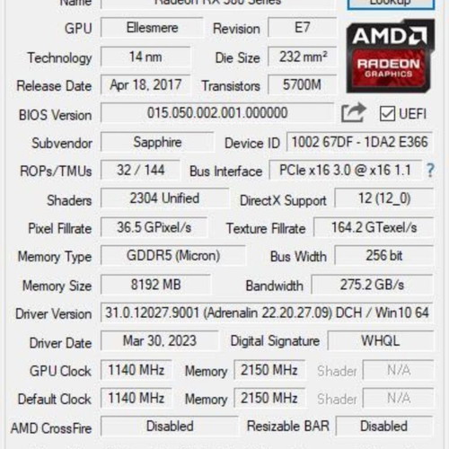 Sapphire NITRO+ RX 580 8GB graphics card like new