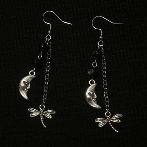 Handmade earrings with moon and dragonfly charms silver