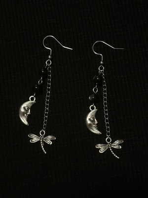 Handmade earrings with moon and dragonfly charms silver
