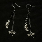 Handmade earrings with moon and dragonfly charms silver