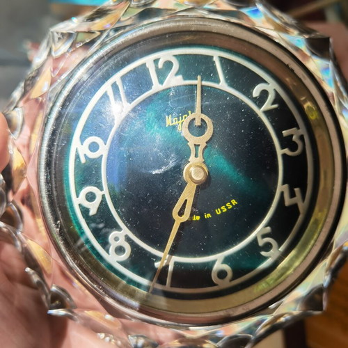 Majak Vintage Soviet Table Clock used, crystal glass