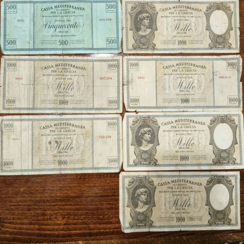 Cassa Mediterranea pre-war collectible banknotes, 1x 500 drachma, 6x 1000 drachma
