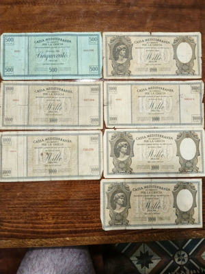 Cassa Mediterranea pre-war collectible banknotes, 1x 500 drachma, 6x 1000 drachma