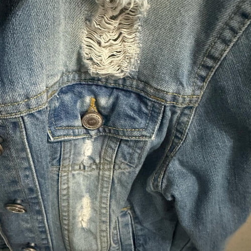 Pink Woman denim jacket like new, blue with modern rips and designs
