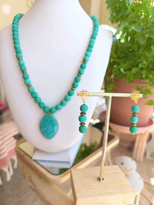 Handmade lava necklace with amazonite pendant and earrings
