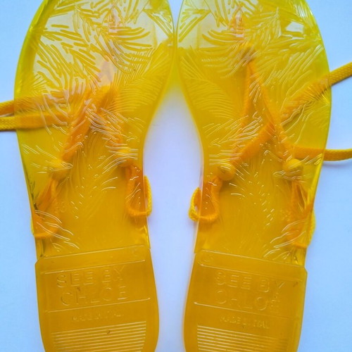 See By Chloe yellow jelly sandals with adjustable wrap ties, size 38