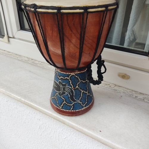 Djembe drum used, traditional carved wood, 30cm height