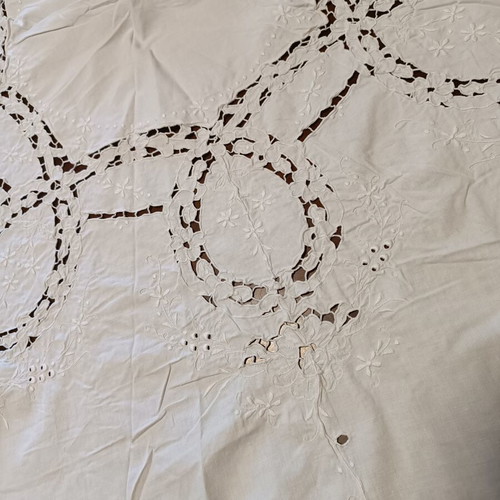 Handmade white embroidered round tablecloth like new