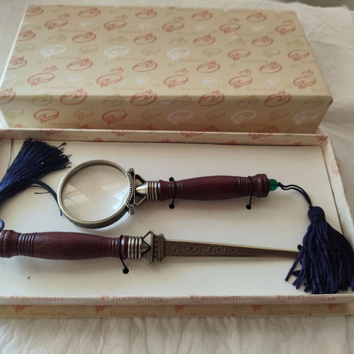 Bortoletti Fonderia Artistica luxury office set with handmade paper cutter and magnifying glass