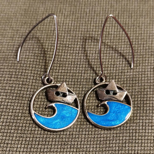 Earrings with summer theme, new, paper boat and blue wave design