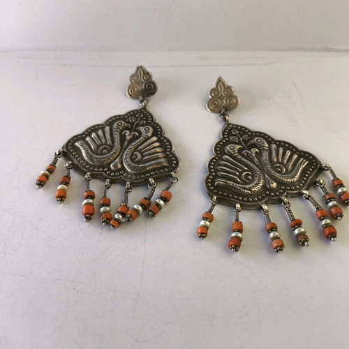 Large ethnik handmade silver earrings with coral and pearl like new