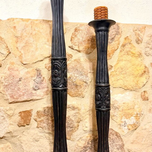 Set of 2 wooden floor candlesticks used, vintage neoclassic style