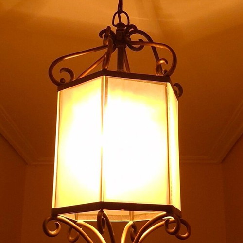 Vintage hexagonal brass ceiling light lantern like new, frosted glass