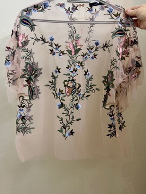Transparent blouse with embroidery Zara woman size large like new, pink