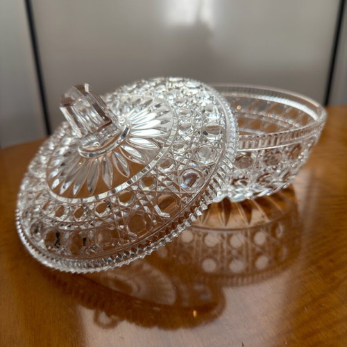 Vintage glass candy dish with lid and embossed design like new
