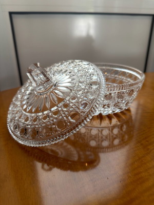 Vintage glass candy dish with lid and embossed design like new
