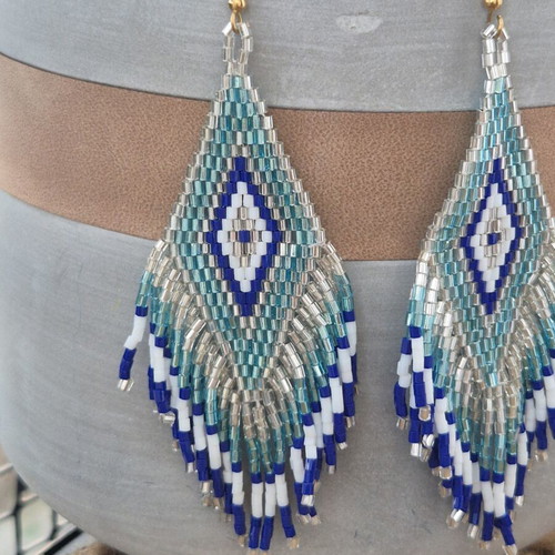 Miyuki earrings with eye motif new, blue and white beads