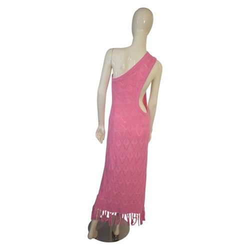 Dodo Bar Or Pas Pour Toi pink maxi dress one shoulder with fringes used, size 42