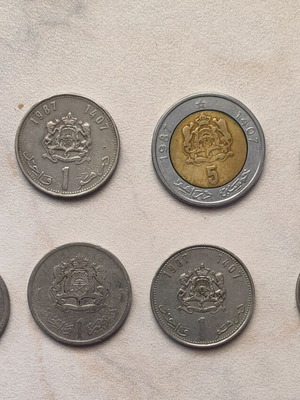 Morocco coin collection used, pack of 8, 1 & 5 Dirhams