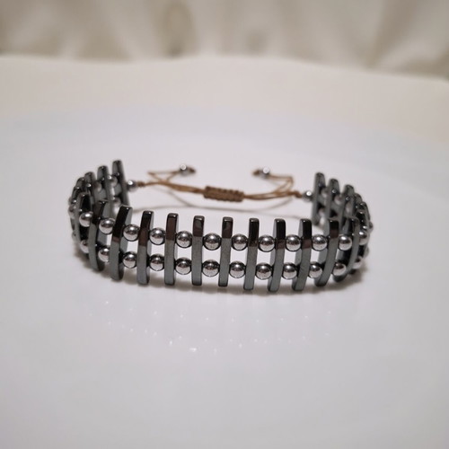 Handmade wide hematite bracelet with adjustable cord
