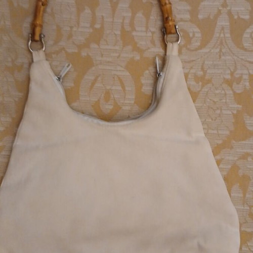 Vintage canvas shoulder bag with bamboo handle and pin-up sequin design