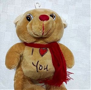 Αρκουδάκι Λούτρινο Μπεζ με μήνυμα "I Love You" και Κόκκινο Κασκόλ