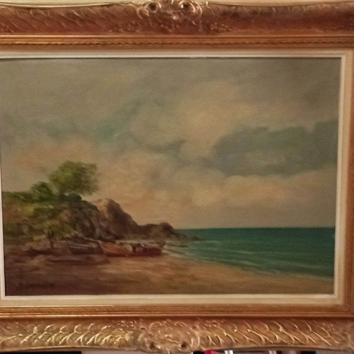 Oil painting by Ap. Lefkadios in excellent condition with unique vintage frame