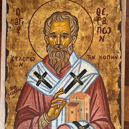 Christian image canvas on wood handmade Saint Therapon like new