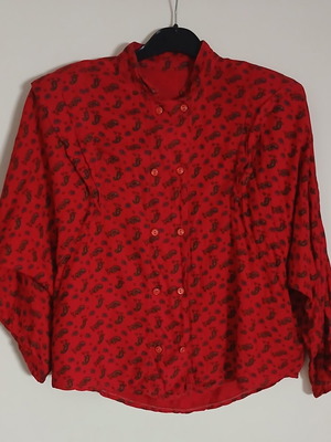 Vintage 80s red shirt with shoulder pads and paisley pattern, handmade
