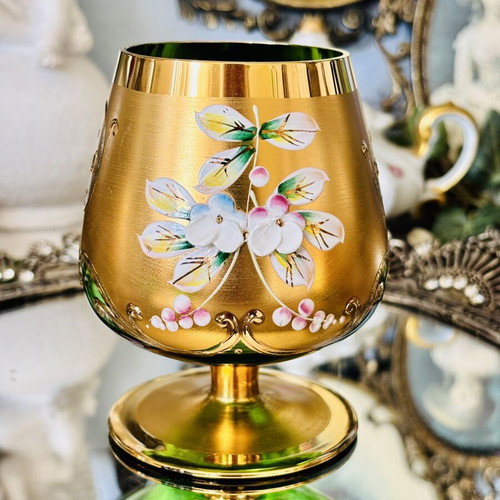 Vintage set of 6 green crystal glasses with gold decoration