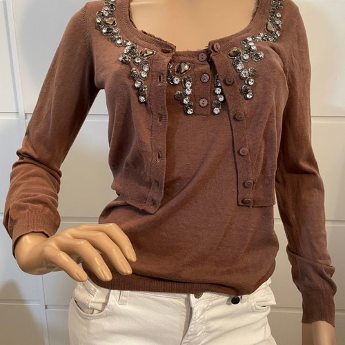 #OFFER  Relish Brown Knitted Blouse Jacket Round Buttons with Rhinestones Medium