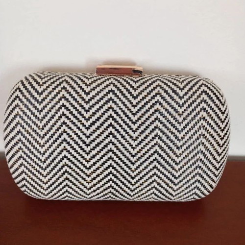Clutch bag with hard frame, new, black and gold chevron pattern