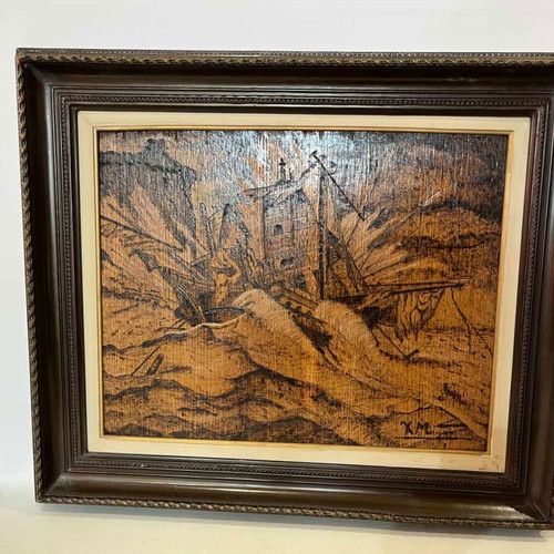 Vintage pyrography wall art with shipwreck scene and artist signature, 49x58