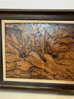 Vintage pyrography wall art with shipwreck scene and artist signature, 49x58