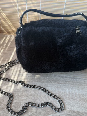 Black furry evening bag crossbody with chain and strap new