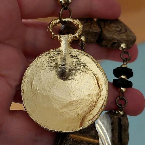 Vintage handmade boho necklace with pocket watch pendant and ceramic stones like new