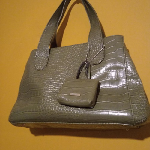 L. Credi olive vegan synthetic leather tote bag with charm and strap