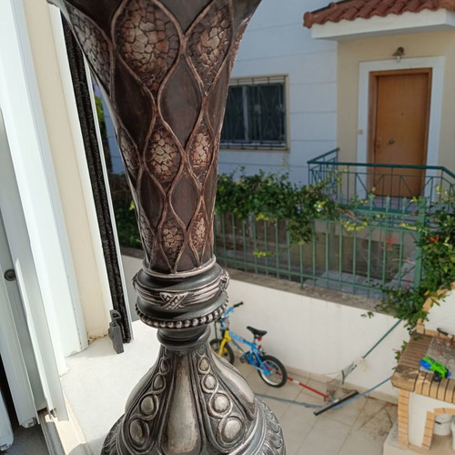 Table lamp with silk shade and carved base