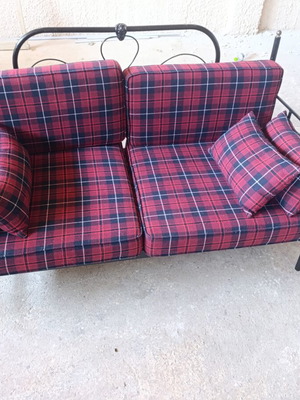 Two-Seater Sofa Bed made of Forged Iron with Tartan Cushions used