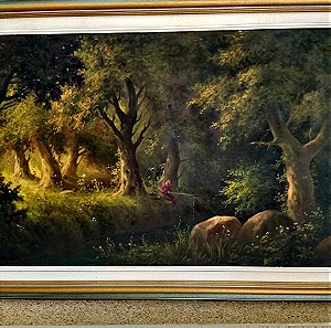 Ελαιογραφία ξένου καλλιτέχνη. 1,37Χ0,78 με θέμα " σκηνή στο δάσος".