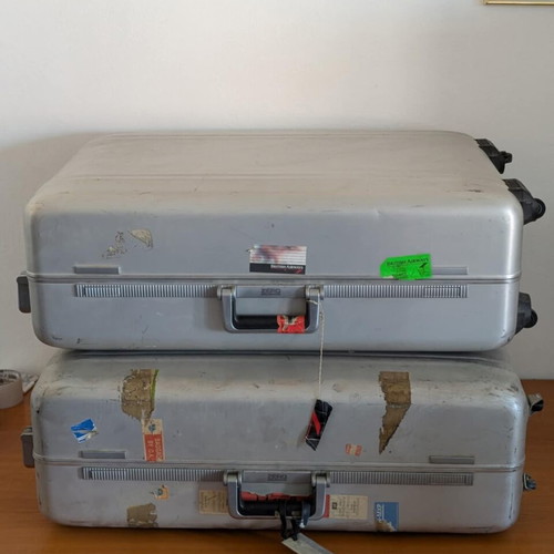 Zero Halliburton metal travel suitcases used, silver, pair