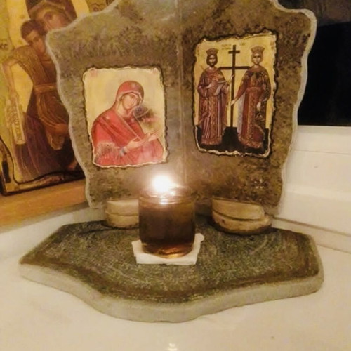 Handmade Corner Icon Stand from Natural Karystos Stone and Sandstone