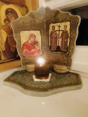 Handmade Corner Icon Stand from Natural Karystos Stone and Sandstone