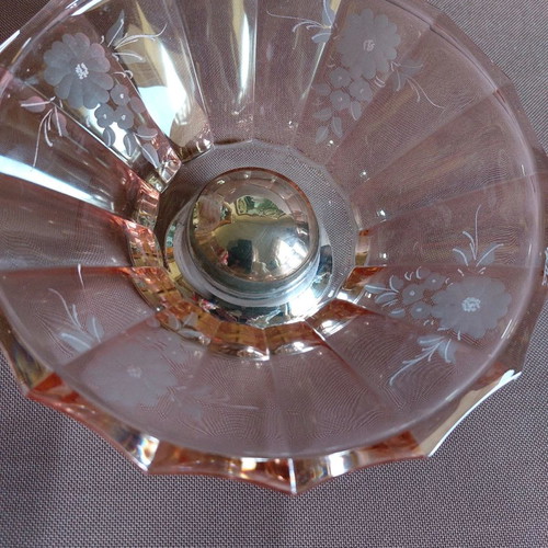 French crystal bowl with 925 silver foot like new, vintage salmon color