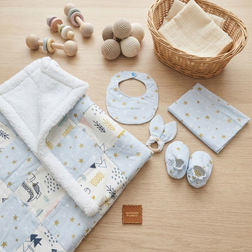 Handmade baby set with blanket, bib, shoes, pillowcase and wooden decoration